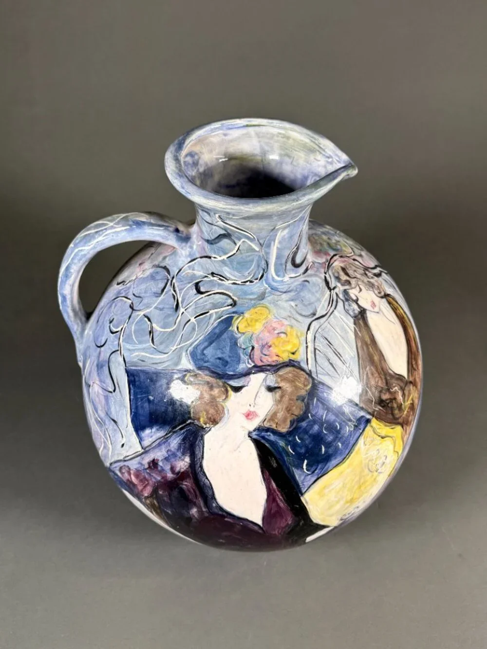 Marley Lipman Signed Art Pottery Large Pitcher Jug Edwardian Flapper Girls 15